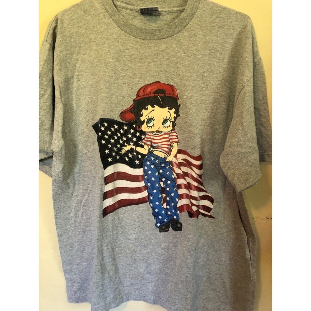Betty Boop American Flag Glitter Graphic T-Shirt Heather Gray Crew Americana M
